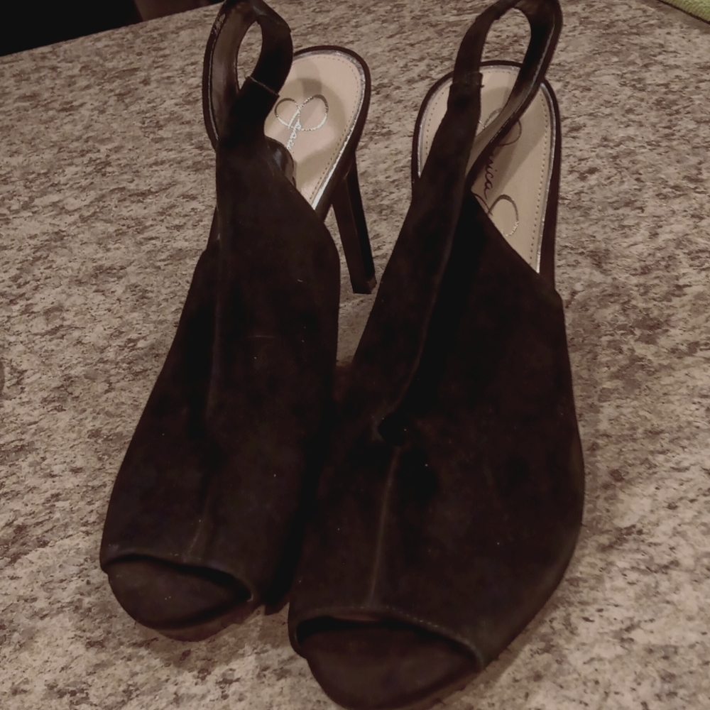 Jessica Simpson black suede peep toe heals